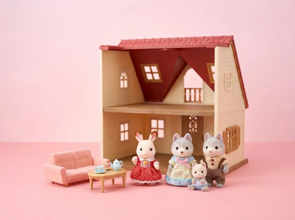 Casita de techo rojo de Sylvanian Families con la coneja chocolate, la familia husky y muebles en miniatura