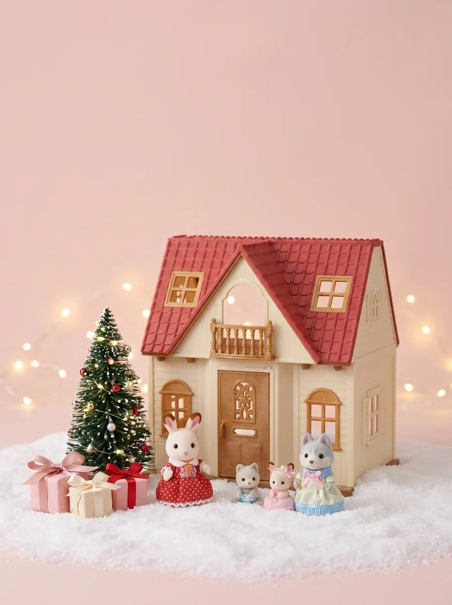 Casita de techo rojo de Sylvanian Families con la coneja chocolate, la familia husky y un arbolito de Navidad